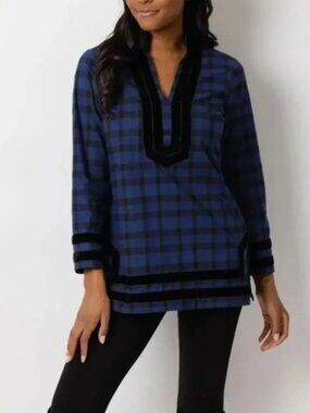 Sail to Sable Navy Tartan Plaid Tunic Velvet Trim Large
